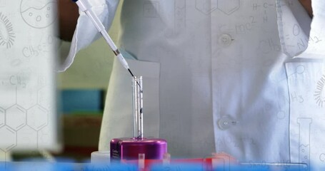 Poster - Animation of chemical formulas over hands of african american female lab worker with sample