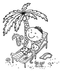 Leinwandbilder - Outline illustration of child sunbathing at the beach under a palm tree