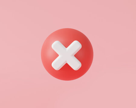 3d red wrong mark icon in a circle  isolated on pink background. Cross symbol, Blot and ban icon, wrong, rejection, incorrect and disapproval, Against and refusal. 3d minimal rendering illustration