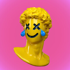 Abstract concept illustration from 3D rendering of faceless yellow classical male bust with carved emoticon style face and blue teardrops on pink background.