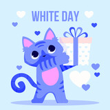 Fototapeta Dinusie - Happy White Day Sale Banner Vector design. Realistic balloon hearts and gifts on blue rhombic pattern background