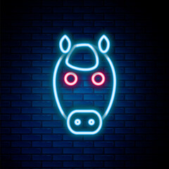 Wall Mural - Glowing neon line Horse zodiac sign icon isolated on brick wall background. Astrological horoscope collection. Colorful outline concept. Vector