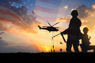 Double exposure Silhouette of Soldier on the United States flag in sunset for Veterans Day is an official USA public holiday background,copy space.