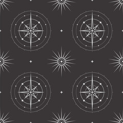Wall Mural - vector seamless dark celestial pattern with different ornate shiny stars on a black. linear esoteric