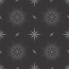 Wall Mural - vector seamless dark celestial pattern with different ornate shiny stars on a black. linear esoteric