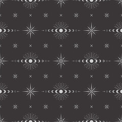 Wall Mural - vector seamless dark celestial pattern with different ornate shiny stars, moon phases and crescents 