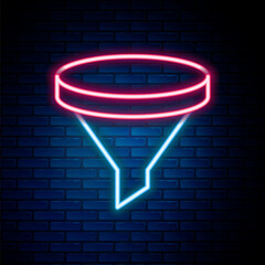 Sticker - Glowing neon line Funnel or filter icon isolated on brick wall background. Colorful outline concept. Vector