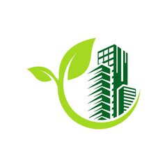 Wall Mural - green leaf building environment logo design vector