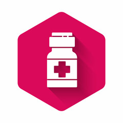 Poster - White Medicine bottle and pills icon isolated with long shadow. Medical drug package for tablet, vitamin, antibiotic, aspirin. Pink hexagon button. Vector.