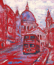 Red Bus On The Street Behind St Paul’s Cathedral In London, England Art Painting