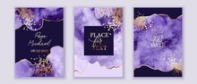 Elagant, Chic Background. Violet, Lilac Watercolor Texture. Golden Lines Splatters. Design For Card, Invitation, Flyer, Cover.