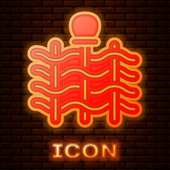 Sticker - Glowing neon Wicker fence of thin rods with old clay jars icon isolated on brick wall background. Vector