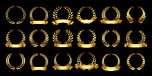 Gold Laurel Wreath. Roman Trophy Badge, Golden Branch Emblem With Leaves And Ribbon, Elegant Laurels Circle Border Vector Set