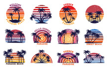Retro Beach Sunset. Summer Paradise Print With Grunge 80s Striped Sun And Palm Trees Silhouettes Vector Illustration Set