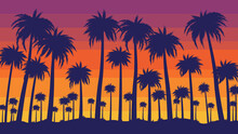 Retro Beach Sunset. Evening California Palm Trees, Tropical Paradise With Color Striped Sky Background Vector Illustration