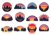 Retro Forest Sunset. Wild Camp, Sunrise Camping And Nature Trees With Grunge 80s Striped Sun Background Vector Set
