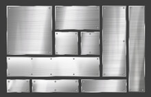 Metal Plate. Brushed Steel Sign Frame With Metal Rivets, Polished Metallic Signboard Background Vector Set