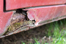 Rusty Driver's Door Sills. Corrosion Of The Body Of A Red Old Car After Winter. Influence Of Reagents In Winter On An Unprotected Vehicle Body. Damage To The Left Side, Rotten Threshold On The Bottom.