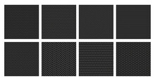 Perforated Metal Texture. Black Metallic Grid, Dark Steel Plate With Dot Holes Perforation Pattern Vector Background Set