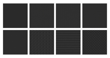 Perforated metal texture. Black metallic grid, dark steel plate with dot holes perforation pattern vector background set