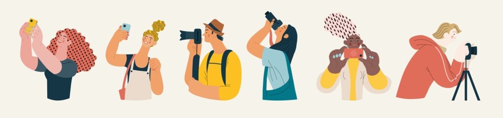 Wall Mural - People portrait - Taking photos -Modern flat vector concept illustration of a people taking photo with a phone or camera, half-length portrait, user avatar. Creative landing web page template