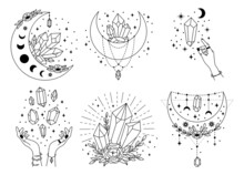 Mystery Crystals. Line Art Celestial Gems, Moon Crystal And Mystical Boho Tattoo Vector Illustration Set