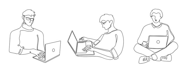 Poster - male with laptop. freelance remote worker character, man working with laptop computer and typing on 