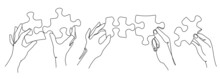 Puzzle Pieces In Peoples Hands. Continuous Line Art Of Solution Selection, Jigsaw Or Problem Solving And Teamwork Vector Illustration Set