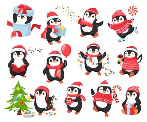 Poster - Cute Christmas penguin mascot. Happy penguins characters celebrate New Year, decorate xmas tree and give gifts. Winter holidays vector illustration set