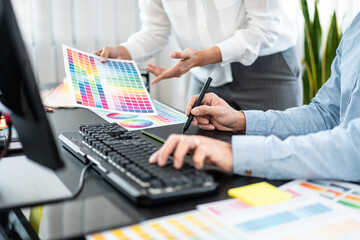 Poster - Team graphic designer working on document of color chart to brainstorming about new project together