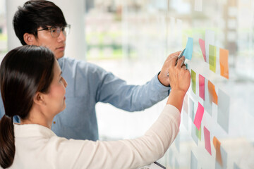 Poster - Two business executive team holding and taking notes keyword on board wall to brainstorm about a new business project for planning marketing plan together in the office
