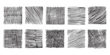 Pencil Shaded Squares. Pen Stroke Scribble, Hand Drawn Scrawl Sketch Texture And Line Sketched Background Vector Set