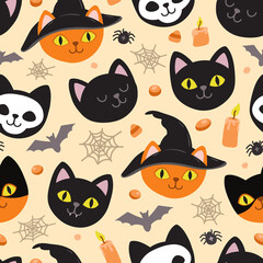 Ghost cat pattern. Spooky halloween kittens faces, horror animals and cute witchcraft cats seamless vector illustration