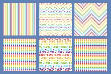 Poster - seamless pride pattern. rainbow gradient lines, hearts stripes and love text in lgbt flag colors sea
