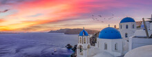 Europe Summer Destination. Traveling Concept, Sunset Scenic Famous Landscape Of Santorini Island, Oia, Greece. Caldera View, Colorful Clouds, Dream Cityscape. Vacation Panorama, Amazing Outdoor Scenic