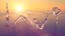 3d Illustration Of A Translucent Group Of People Doing Yoga At Dawn