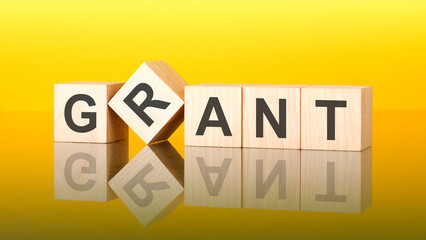 Poster - grant word is made of wooden blocks lying on the yellow table, concept