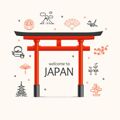 Wall Mural - Welcome Japan Travel Concept with Torii Gate. Vector