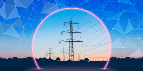 Safe transmission of electricity, preservation of the environment. High-voltage power lines under a protective dome. Graphic image of the control