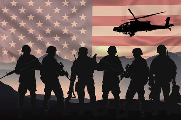 Silhouettes of soldiers with American flag background