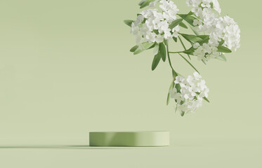 Wall Mural - 3D display podium pastel green background. White flower with leaf. Nature Blossom minimal pedestal for beauty, cosmetic product presentation. Summer and spring Feminine copy space template 3d render
