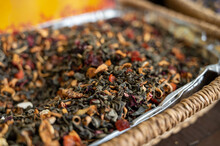 Blended Black Leaf Dry Tea With Aromatic Flowers, Spices In Tea Shop In Andalusia, Spain