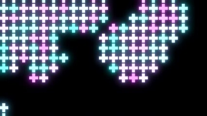 Aufkleber - Background with mosaic symbols moving on black background. Design. Neon pluses move in retro style. Glowing crosses move in mosaic chain
