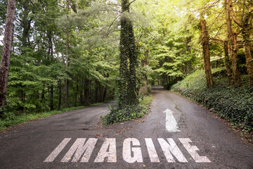 The text Imagine on a road in the woods with sun rays shining.