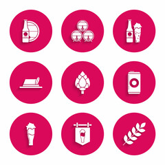 Sticker - Set Hop, Street signboard with glass of beer, Cereals set rice, wheat, corn, oats, rye, barley, Beer can, Glass, Oktoberfest hat, bottle and and wooden barrel icon. Vector