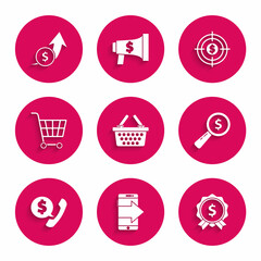 Sticker - Set Shopping basket, Smartphone, mobile phone, Price tag with dollar, Magnifying glass and, Telephone handset speech bubble chat, cart, Target and Financial growth coin icon. Vector