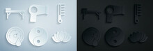 Set Yin Yang, Hairbrush, Sauna Thermometer, Lotus Flower, Dryer And Massage Table Icon. Vector