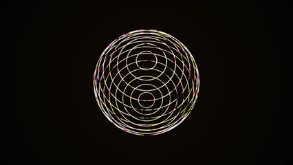 Poster - Animated neon background with rotating sphere symbol. Pattern rainbow random plexus lines. Circular maze. Hypnosis session. Stunt. Intro computer screensavers, business, technology, logo, science. 4k