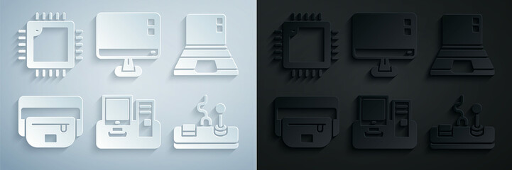 Poster - Set Monitor with keyboard, Laptop, Waist bag of banana, Gamepad, Computer monitor screen and Processor CPU icon. Vector