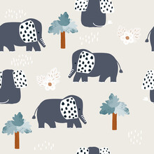 Seamless Pattern With Grey Elephants And Palm Trees. Summer Jungle Print. Vector Hand Drawn Illustration.